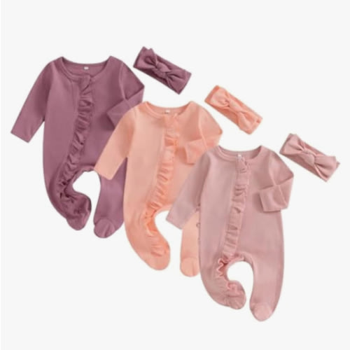 Merqwadd Baby Girl Zipper Pajama Footies 3 Pack Ruffle Sleeper Coming Home Infant Cotton Clothes