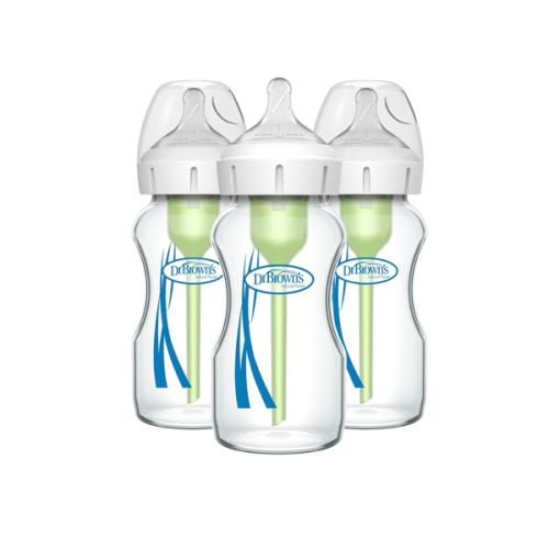 Dr. Brown's Natural Flow Anti-Colic Options+ Wide-Neck Glass Baby Bottles 9 oz/270 mL, with Level 1 Slow Flow Nipple, 3 Pack, 0m+