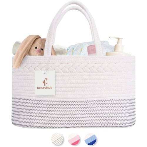 luxury little Diaper Caddy Organizer, Large Cotton Rope Nursery Baby Basket, Changing Table Organizer for Baby Diaper Storage, Portable Car Organizer Removable Divider (Off White, Extra Large)