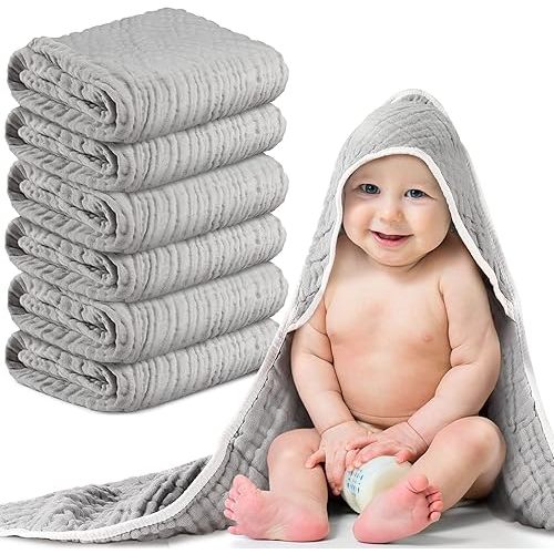 Chumia 6 Pieces Muslin Hooded Baby Towels for Newborn Girls Boys 32"x 32" Cotton Infant Bath Towel Absorbent Unisex Hooded Blankets for Babies Toddler, Newborn Registry Baby Gift (Light Gray)