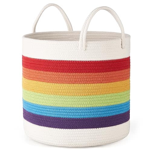 Mkono Rainbow Cotton Rope Woven Decorative Storage Basket Baby Nursery Decor Toy Storage Laundry Hamper Baskets for Bedroom Classroom Playroom Kids Room, 15"W x 13.8"H
