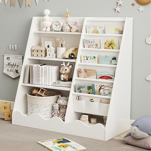 Kids Bookshelf and Toy Storage, Children's Bookcase with 5 Shelf and 4 Tier Cabinet，Wooden Montessori Book Shelf for Kids Room, Playroom, Nursery