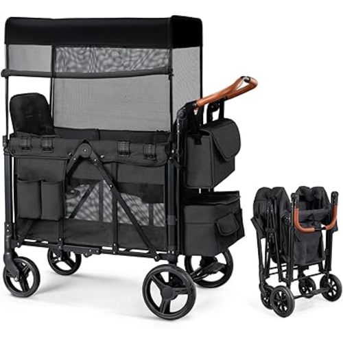 Wagon Stroller for 2 Kids, Foldable Wagon for Kids and Infants, All Terrian Wheels with Shock-Absorbing, 5 Point Harness, Removabel Canopy and Ample Storage Bag Included (Black)