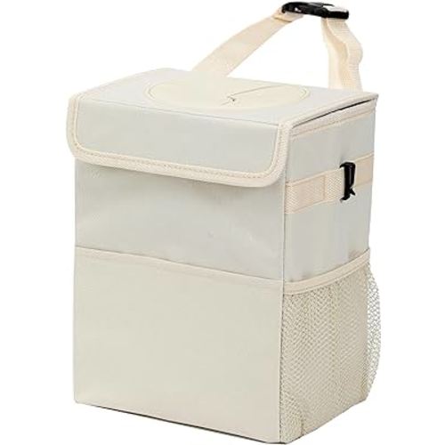 Car garbage can with lid Leak Proof Vehicle Trash Can 3 Storage Pockets Hanging Waterproof car trash bag for suv beige