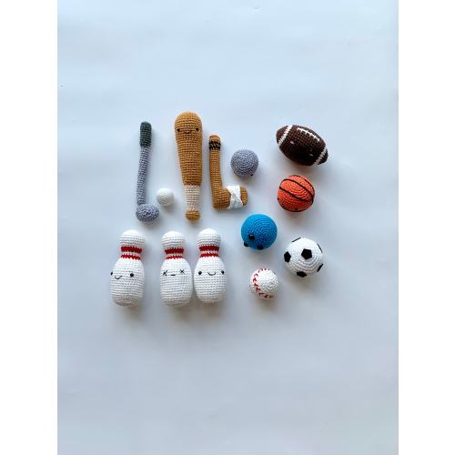 Set of crochet sport tools baby toy, sport gym baby game toy, football toy, baseball toy, goft toy, volleyball toy, baby Christmas gift