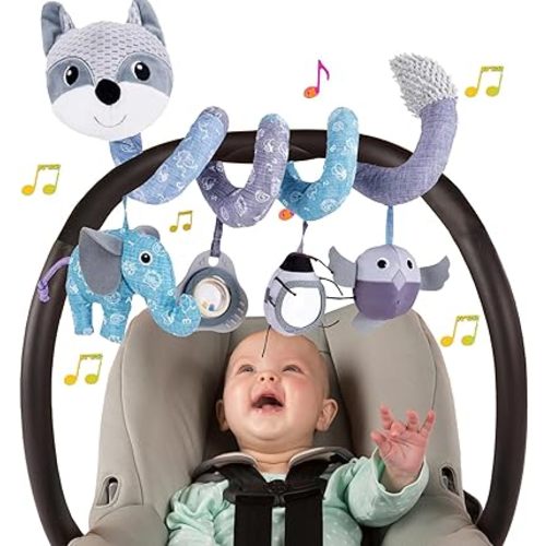 Car Seat Toys, Baby Toys 3-6 Months Carseat Toys Stroller Toys Infant Spiral Activity Toys 0-3 Months, Hanging Car Toys for Babies 0-6 Months Newborn Boys Girls with Music Rattle Squeaker - Gray Fox