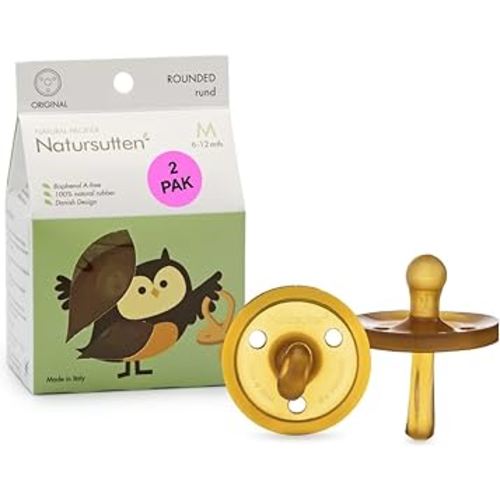 Natursutten Pacifiers 6-12 Months - 2-Pack Original Shield Round Nipple Natural Rubber Safe & Soft BPA-Free Pacifiers for Breastfeeding Babies - Newborn Pacifiers Made in Italy