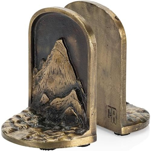 Craftsman Road Mountain Brass Bookends Set, 2 Non-Skid Anti-Slip Heavy Duty Decorative Bookends for Shelves or Bookcase, Cast Iron and Antique Brass Finish