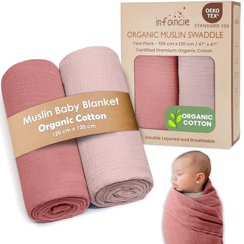 infancie Organic Cotton Muslin Baby Blanket - 47x47 Inch Breathable Swaddle, Hypoallergenic Double-Layer, Versatile Use (Rose/Peach, 47x47 Inch)