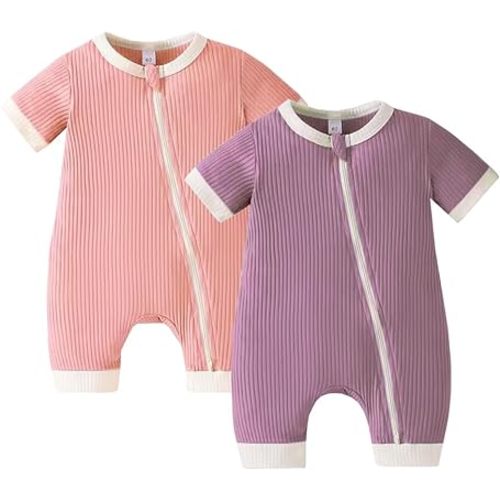 Bafeicao Unisex Baby Boy Girl 2 Pack Rompers Short Sleeve Two Way Zipper Romper One Piece Jumpsuits Clothes Sets