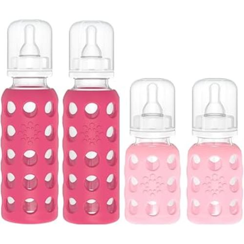 Lifefactory Glass Baby Bottles with Silicone Protection - 4-PACK, 4 oz/9 oz Bottles, (2- Raspberry & 2- Pink)