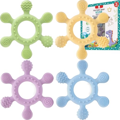 XYUNMUU Rudder Teether 4 Pack | 6 Teeth Contact Points Silicone Teether Toy for Baby, Reaches Front, Back, and All New Teeth Types, Easy to Hold, BPA-Free