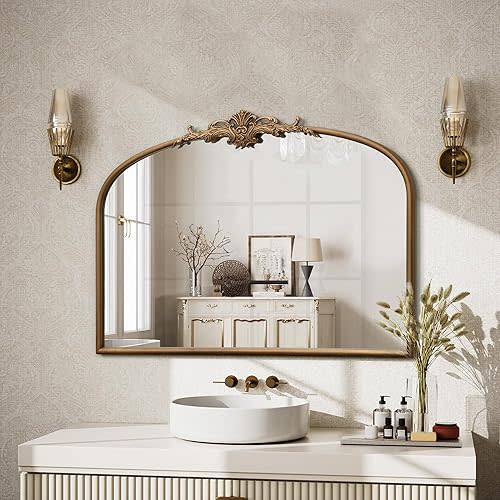 Vintage Baroque Gold Mirror: 32"x24" Arched Antique Wall Mounted Mirror - Traditional Ornate Metal Frame - Home Decor for Entryway/Fireplace/Living Room/Hallway/Bathroom