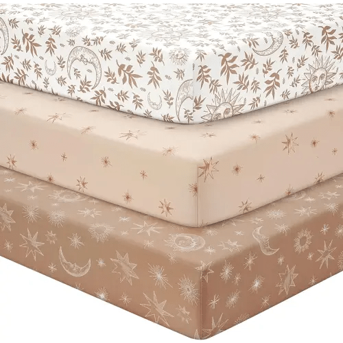 Baby Crib Sheets for Boys Girls, Fitted Crib Sheet Neutral 3 Pack for Standard Crib and Toddler Mattress, Breathable Soft Microfiber Baby Sheet 28x52x8in White Brown Sun God