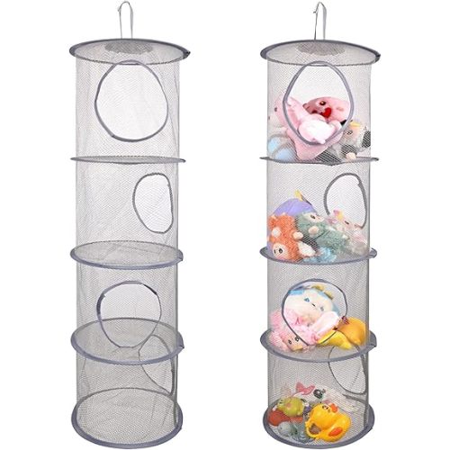 Hanging Mesh Stuffed Animal Storage - 4 Tiers 2 Pack Large Plush Toys Net Organizer, Foldable Space Saver Bags Plushie Basket Organization Holder for Kids Girl Room Bedroom Playroom Wardrobe Wall Grey