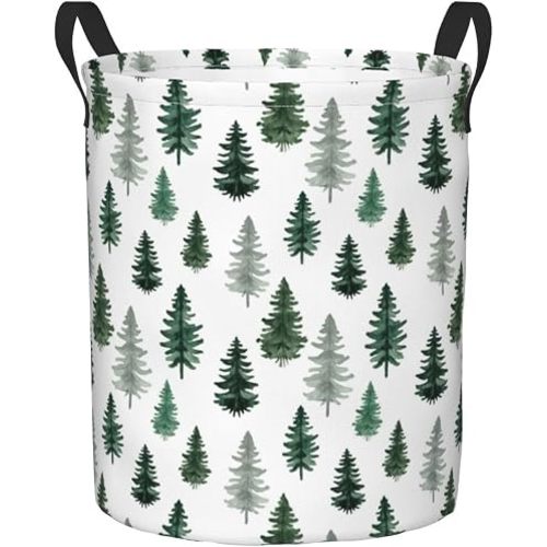 Delerain Pine and Spruce Trees Laundry Basket, Waterproof Laundry Hamper with Handles, Collapsible Toy Bins Dirty Clothes Round Storage Basket for Home Bathroom Office Nursery, 19.6X15.7(M)