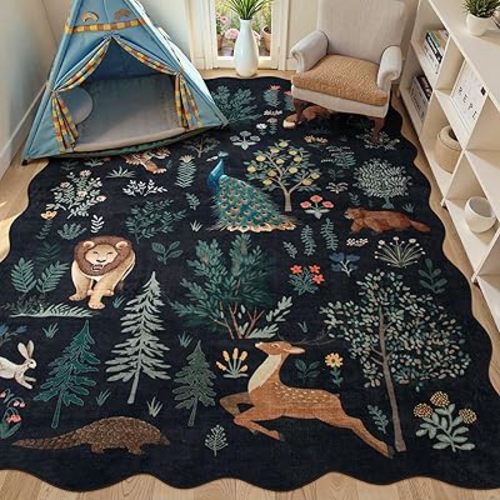 Jungle Area Rug 5x7, Neutral Washable Rugs for Living Room Ultra-Thin Soft Kids Rug Non Slip, Black Print Low Pile Carpet Rugs for Bedroom Nursery Playroom Office (Black, 5'x7')