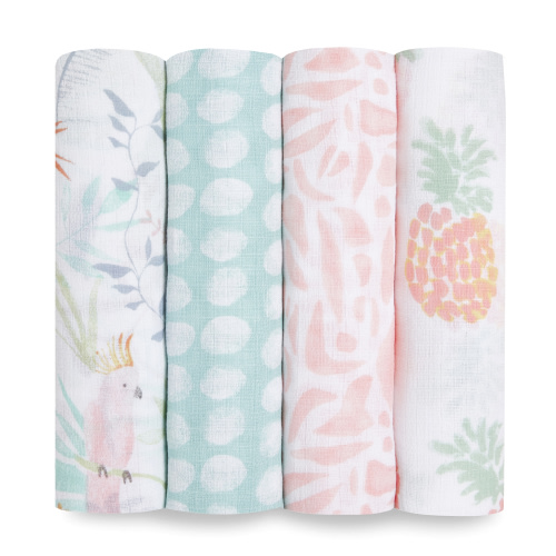 Aden + Anais™ Essentials, Cotton Muslin Swaddle Blanket, Tropicalia, Girls, Infants, 4-Pack