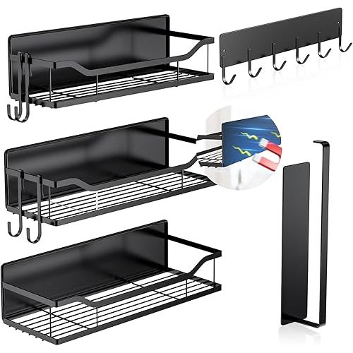 5 Pack Multifunctional Magnetic Shelves for Refrigerator Spice Rack & Washing Machine Organize, Include Paper Towel Holder, Kitchen Utensil Hanger and Hooks, Strong Magnet for Secure Hold (Black)
