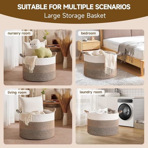 CLHMILY&Z Round Cotton Rope Storage Basket - 22x14.2 Inches - Stylish Nursery Storage Bin, Baby Toy Organizer, Soft Cotton Basket for Home Decor, Multi-Purpose Storage Solution