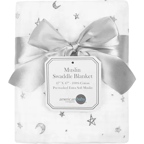 American Baby Company 100% Cotton Muslin Swaddle Blanket, Soft, Breathable & Lightweight, Gray Stars/Moon, 47" x 47" for Boys and Girls, Perfect for Swaddling, Travel and Gifting