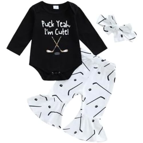 Newborn Baby Girl Hockey Clothes I'm Told I Love Hockey Romper Bell Bottom Flare Pants Set 3Pcs Infant Fall Outfits