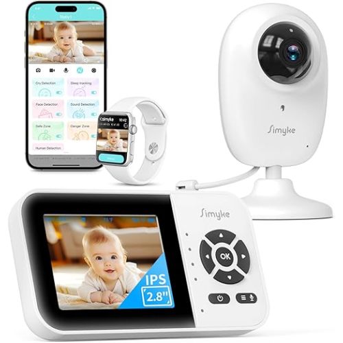 Dual Mode Baby Monitor,1080p Video APP,2.8'' IPS Screen,10-Hour Streaming,Smart AI Humanoid&Cry Detection,Camera&Audio,Two-Way Talk,Night Vision,Lullaby,1500ft Long Range,Video playback&storage