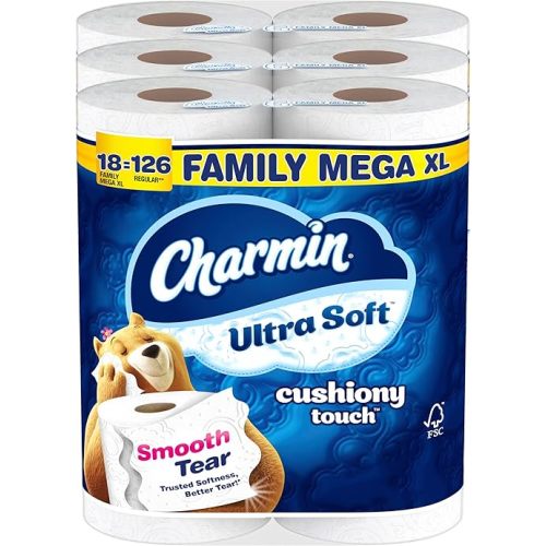 Charmin Toilet Paper Ultra Soft Cushiony Touch, 18 Family Mega XL Rolls = 126 Regular Rolls