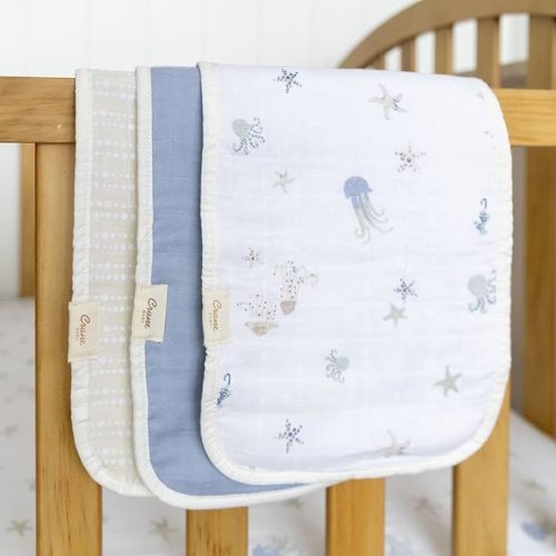 Crane Baby Muslin Baby Burp Cloths, Lightweight Absorbent Burp Cloth, Sea Life Jellyfish, Set of 3, 7” x 20”, Newborn Baby Essentials, Burp Cloths Baby Boy, Burp Cloths Baby Girl, Newborn Essentials