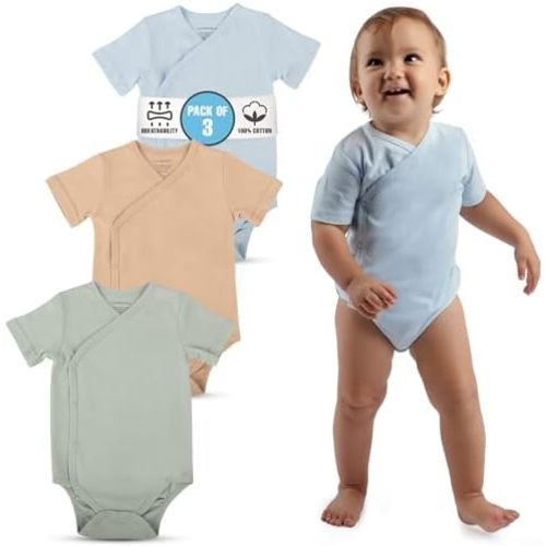 Cotton Kimono Baby Bodysuit - Girl & Boy Baby Clothes with Mitten Cuffs, Nickel-Free Snaps Baby Clothes Unisex