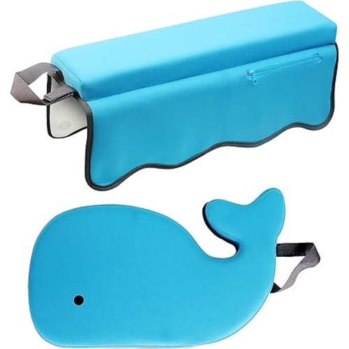 Whale Baby Bath Kneeler and Elbow Rest Set – Extra Thick Padded Cushion – Waterproof Non-Slip Mat with Storage Pockets – Bathtime Safety – Baby Shower or Registry Gift for Moms and Dads (Blue)