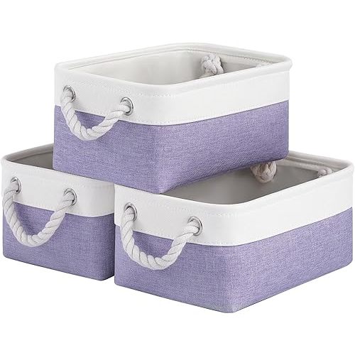 Storage Baskets for Shelves 11.8x7.9x5.2 Inch, Foldable Fabric Storage Bins with Handles, Small Storage Baskets for Organizing Closet, Office, Home Organization (3-Pack, White&Purple)