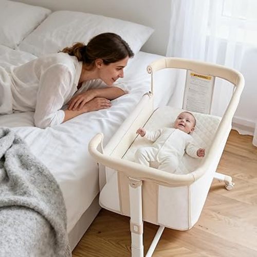 Kinder King Baby Bassinet Bedside Sleeper, Newborn Baby Bedside Crib w/Wheels, All-Sided Mesh, Adjustable Height, Removable Soft Mattress, No Tool to Assemble, Beige