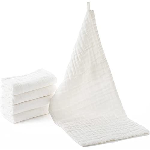 Muslin Burp Cloths for Baby Extra Large Washcloths 24" by 12" 100% Cotton 8 Layers High Density Thicken Extra Absorbent and Soft 5 Pack by WELAROP (White)