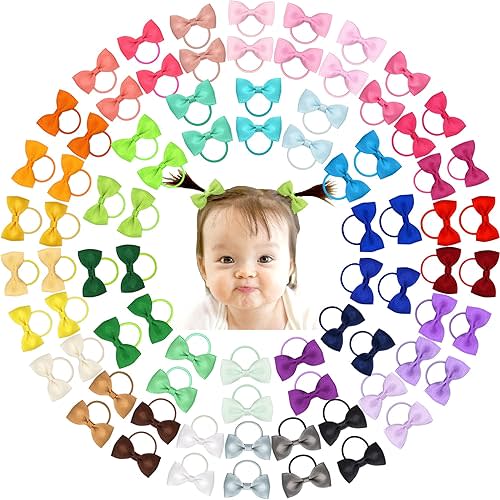 CÉLLOT 80pcs 2" Baby Girls Hair Bows Tie Baby Bows Thin Elastics Rubber Ribbon Hair Bands Accessories for Baby Girls Kids Children (for under 2 years old)