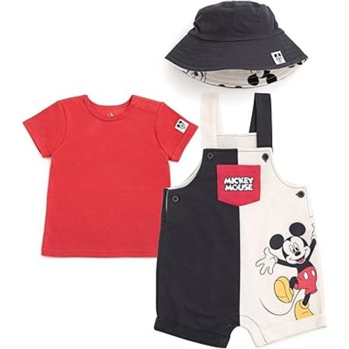 Disney Junior Baby French Terry Short Overalls, T-Shirt and Hat 3 Piece Outfit Set Newborn to Infant Sizes (OS - 24 Months)