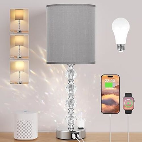 Acaxin Touch Bedside Crystal Lamps for Bedrooms Nightstand with USB C+A Charging Port and AC Outlet White, 3 Way Dimmable Silver Large End Side Table Lamp for Living/Dinning Room/Kitchen/Bedroom