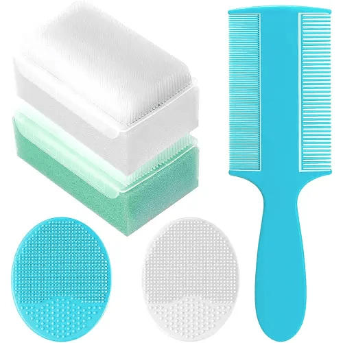 Cradle Cap Brush for Babies, Set of 5 Baby Bath Essentials with Bath Sponge Silicone Scrubber Long Handle Comb for Newborns Toddlers Boys Girls (Green)