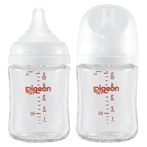 Pigeon Glass Nursing Bottle Wide Neck, Streamlined Body, Natural Feel, Easy to Clean, Heat-Resistant, 5.4 Oz(Pack of 2), Includes 2pcs SS Nipples (0m+) - 160ml (Pack of 2)