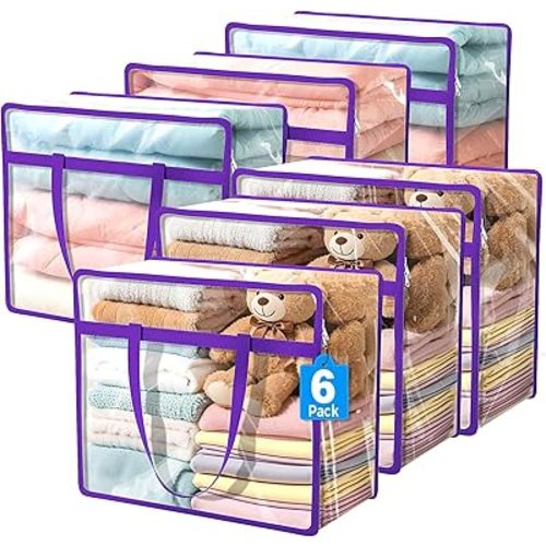 Budding Joy 6 Pack Clear Zippered Storage Bags for Clothes, Closet Organizers and Storage Bag for Bedding, Linen, Blankets, Comforters, Clothes & Toys Multi Purpose & Space Saver PVC Organizers