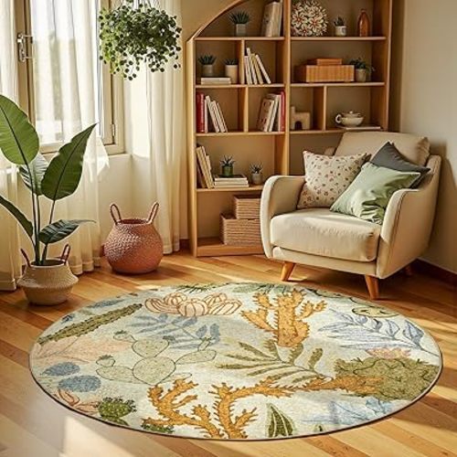 jinchan Summer Green Botanical Print Round Rug 5ft Washable Area Rugs Indoor Circle Modern Tropical Desert Cactus Soft Non-Slip Carpet for Living Room Bedroom Dining Room Playroom Entryway Home Office