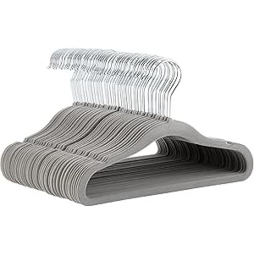 Amazon Basics Kids Velvet, Non-Slip Clothes Hangers for Infant and Toddler, 11.6 inches (for baby clothes), Pack of 50, Gray