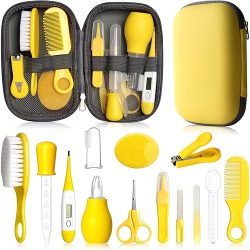 Baby Grooming Kit, Infant Safety Care Set with Hair Brush Comb Nail Clipper Nasal Aspirator,Baby Essentials Kit for Newborn Girls Boys (Yellow)