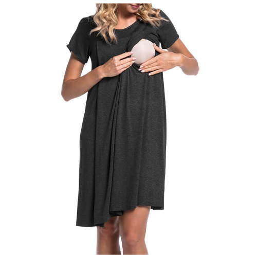 ShomPort Nursing Nightgown Breastfeeding Short Sleeve Round Neck Solid Color Maternity Sleepwear for Breastfeeding