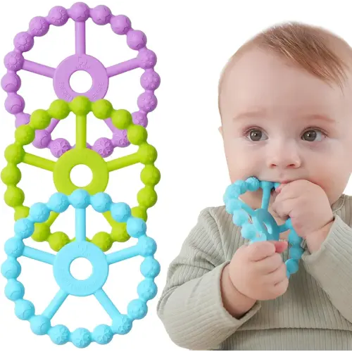 3 Pack Ring Teether Baby Infant Toys, Silicone Teething Ring Toys for Babies 0-6 Months, Seposeve Baby Teethers 6-12 Months 12-24 Months, Easy to Grasp Toy, Teething Relief, Light Purple Green Blue