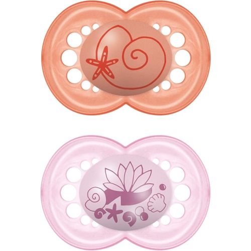 MAM Original Baby Pacifier, Nipple Shape Helps Promote Healthy Oral Development, Sterilizer Case, 2 Pack, 6-16 Months, Pearl/Girl