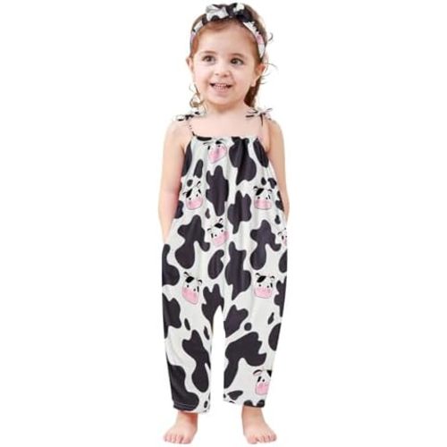 Toddler Baby Girls Romper Sleeveless Jumpsuit Summer Clothes Adjustable Tie-Up Strap with Pocket Headband 1-5T