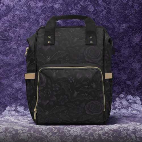Gothic Bat Floral Diaper Bag Backpack – Spooky Witchy Baby Bag, Goth Mom Gift, Aesthetic Nursery Tote, Alternative Baby Shower