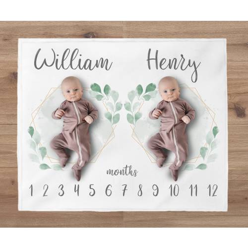 Gender Neutral Twins Milestone Blanket, Personalized Greenery Wreath Twin Month Blanket, Blanket For Twins, Twins Baby Shower Gift