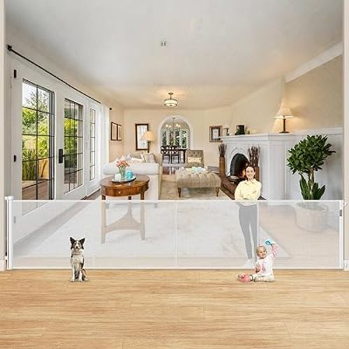 Reinforced 42" Extra Tall Retractable Baby Gates for Doorway, 200" Retractable Dog Gate With Support Rod, 16ft Extra Long Baby Gate for Large Opening, Bottom Anti-Crawl Indoor/Outdoor Mesh Child Gates